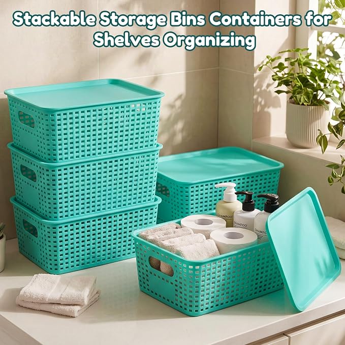 12 Pack Plastic Storage Baskets with Lids Stackable Organizing Bins Storage Baskets Organizers and Containers for Closet, Pantry, Office, 10.2 x 7.2 x 4.1 Inches(Teal) - Image 2