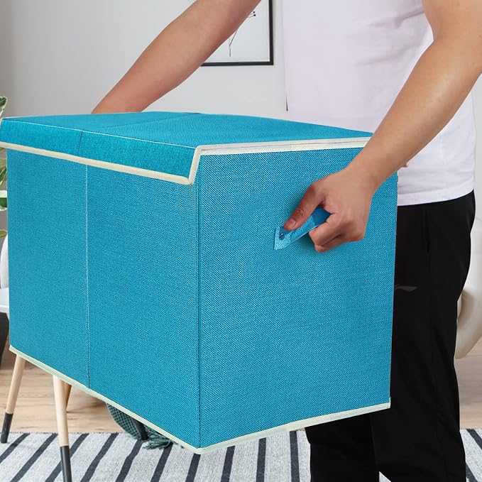 Large Toy Box Chest Storage with Flip-Top Lid, Kids Toy Storage Bin Boxes | Toy Chest with Rivets Handles for Kids, Boys, Girls, Nursery, Playroom, Living Room, Bedroom, 25"x 13" x 16" (Linen Teal) - Image 3
