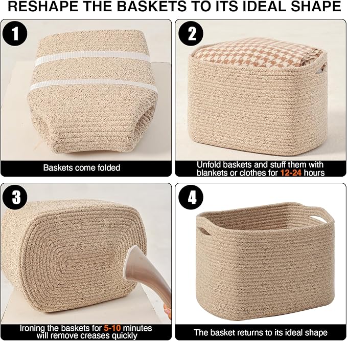 ICERZCZ Decorative Storage Baskets for Organizing Shelves, Toy Basket for Nursery, Woven Cotton Rope Baskets for Decor, Towel Basket for Bathroom, 15"x11"x9.5", 3 Packs, Brown - Image 7