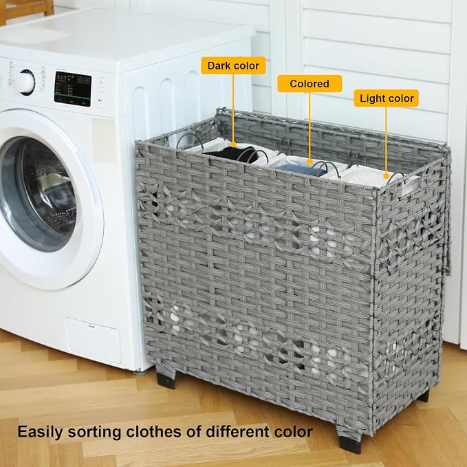 OIAHOMY Laundry Hamper with Lid, 140L Clothes Hamper with 3 Removable Liner Bags, Foldable Basket with Lid, Synthetic Wicker Laundry Basket for Bedroom, 27x 13 x 26 Inches, Grey - Image 5