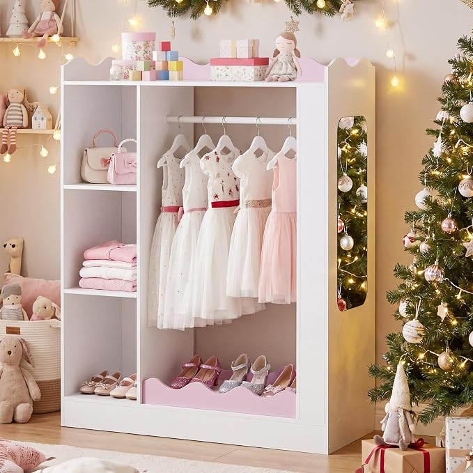 Costzon Kids Dress Up Storage with Mirror, Children Wardrobe Closet with Open Hanging Rack, Shelves and Cabinet, Kids Armoire Costume Organizer for Bedroom, Kids Room, Playroom, Preschool (White) - Image 8