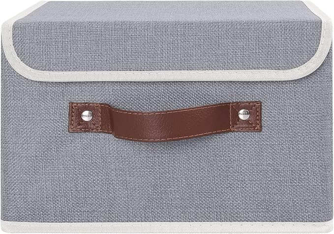 ANMINY Fabric Storage Box Bins with Lids, Gray, 10"x8"x7" | Keepsake Memory Storage, Cotton Linen, PP Board Reinforced, Washable, PU Handles, Foldable & Stackable, Decorative, Small - Image 2