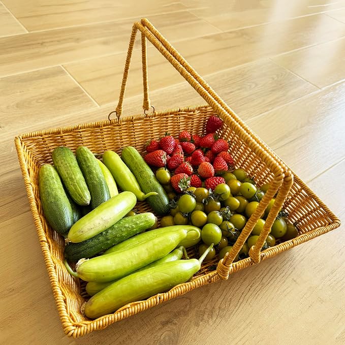 Plastic Picnic Basket with Foldable Handle - Rectangular Rattan Style Organizing Basket, Large Capacity Woven Storage Basket - Image 3