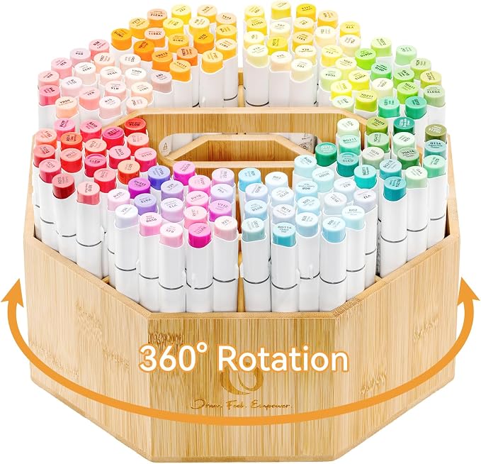 Ohuhu 360° Rotating Marker Organizer Holds 162 Honolulu & B Oahu Markers | 360-Degree Rotating Bamboo Desktop Storage Markers Pens Pencil Holder with 10 Compartments for Home Classroom Office Decor by Ohuhu