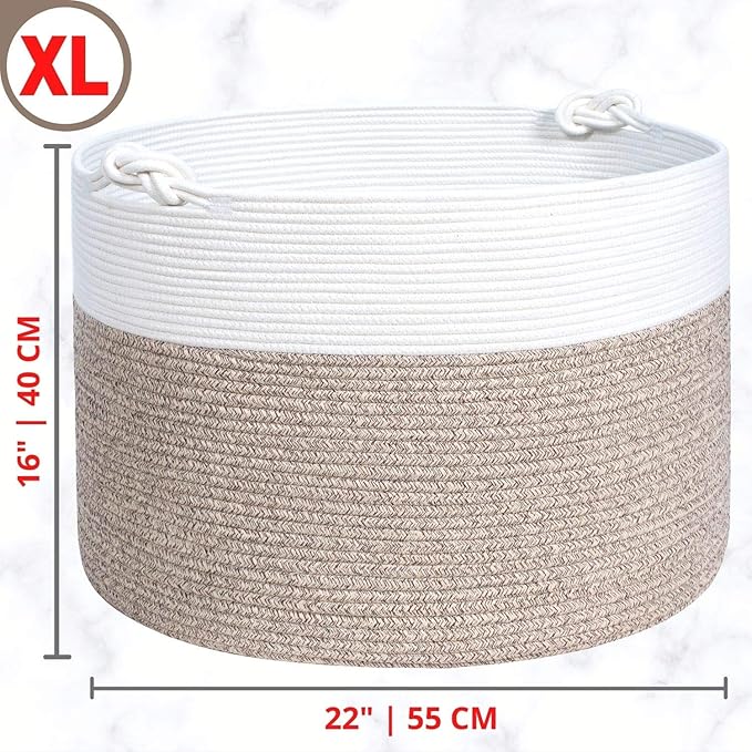 Extra Large 22 x 16in Decorative Woven Cotton Rope Blanket Storage Basket Bin Living Room with Handles and Laundry Hamper for Pillows, Pool Towels, Dog Toys, Shoes, Light Brown - Image 6