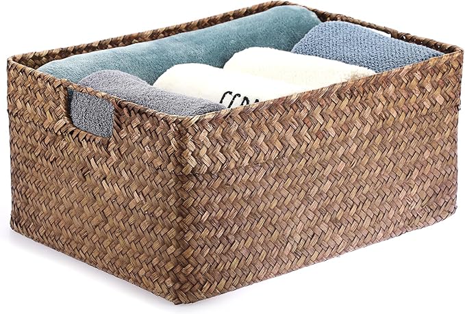 Hipiwe Seagrass Storage Baskets Bin for Shelf, X-Large Woven Wicker Basket | Rectangular Bathroom Baskets Organizer Built-in Handles, Multipurpose Storage Basket Bin, 16.1"L x11.8"W x7.7"H - Image 9