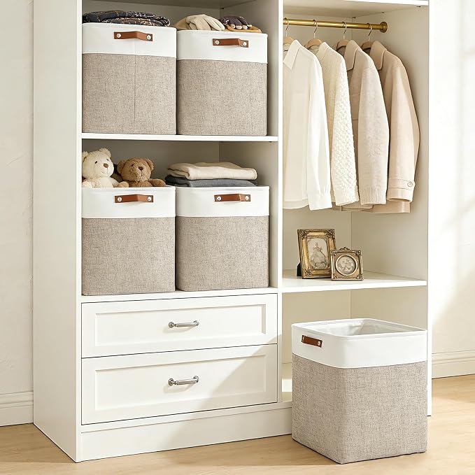 Large Fabric Storage Baskets | 50L Storage Bins, Decorative Linen Closet Baskets with Handles for Organizing, Shelf, Toys, Clothes, Home, Office, Nursery, 17x12x15Inches (Beige&White) - Image 2