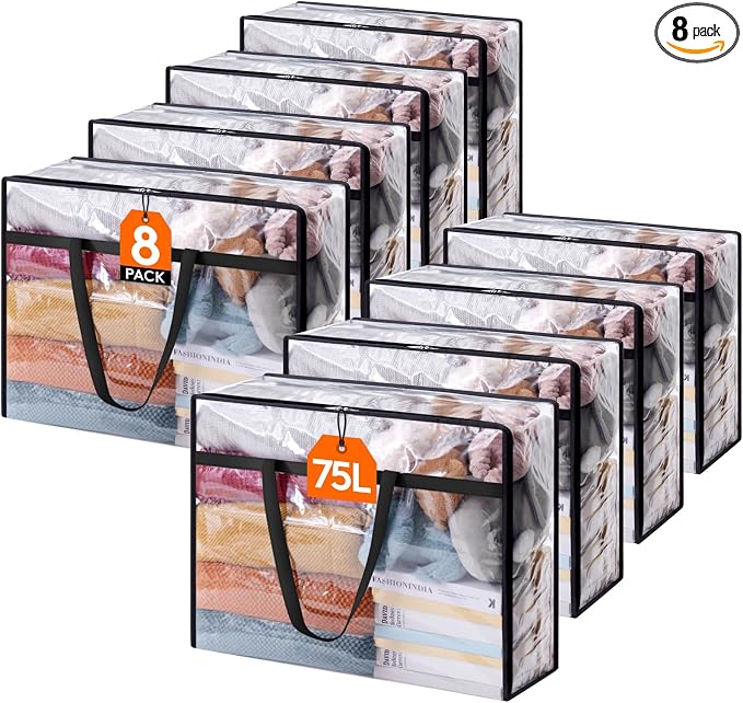 Lifewit 8 Pack Clear Clothes Storage Bags, 75L Plastic Blanket Storage Bag, Vinyl Foldable Moving Bags with Zipper, Closet Organizers and Storage Containers for Bedding, Duvet, Comforter by Lifewit