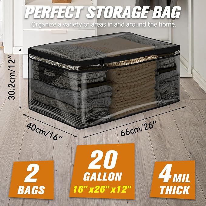 HIBAG 20 Gallon Large Storage Bag for Clothes, Zipper Clothing Storage Bag Organizer with Handles, for Comforters Blankets Pillows Bedding (Black, 2 Pack) - Image 2