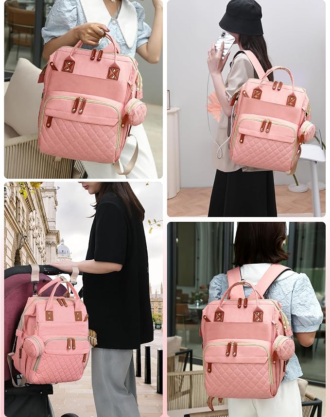 Diaper Bag with Changing Station, Waterproof 3 in 1 Diaper Backpack with Foldable Changing Pad, Large Travel Backpack for Mom & Dad, Baby Gift for Girl & Boy,Pink - Image 7