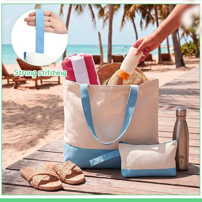 Sanwuta 30 Pcs Canvas Tote Bags Bulk with Zipper Cosmetic Pouch,Light Blue | 18.5" Reusable Cotton Shopping Bag with Handle for DIY Craft - Image 7