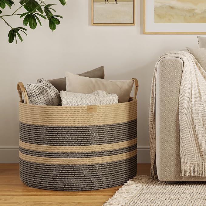 Nunsino 115L Woven Blanket Basket with Leather Handles, Cotton Rope Laundry Basket Hamper,Decorative Nursery Basket Toy Storage Basket for Kids, Living Room, Bedroom, Dark Brown Stripes - Image 2