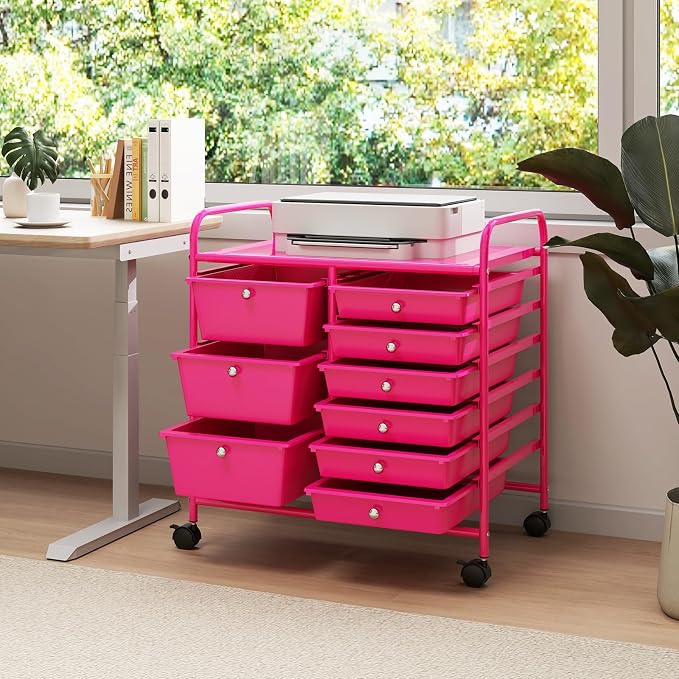 RELAX4LIFE 9 Drawer Rolling Storage Cart - Mobile Drawer Carts for Craft Art Supply Paper Salon, Utility Cart on Wheels for Classroom Teacher School Office, Rolling Cart with Drawers (Hot Pink) - Image 2