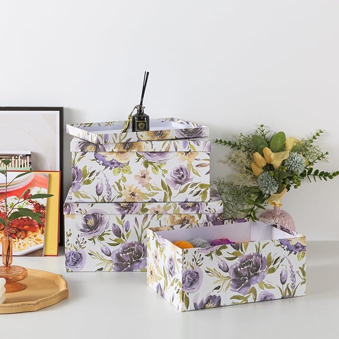 Soul & Lane - Purple Passion Decorative Storage Boxes with Lids, Set of 3 | Large Nesting Cardboard Keepsake Boxes for Memories and Gifts, Purple Lavender Floral Containers, Stackable Hat Box Style - Image 6