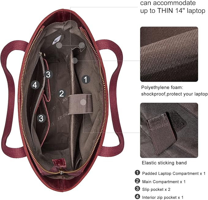 S-ZONE Leather Tote Bag for Women Work Handbag with Luggage Sleeve | Top Grain Genuine Leather, Padded Laptop Compartment, Multi Pockets, Large Retro Purse, Travel Everyday - Image 3
