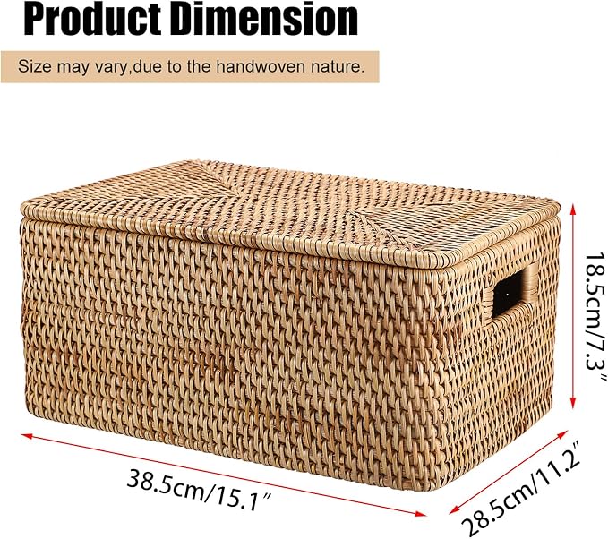 Hipiwe Rattan Basket With Lid Rectangular Lidded Basket Wicker Storage Bin | Hand-Woven Natural Basket Box for Shelf Organizing Picnic Food Bread Table Storage Basket, 15.1 x 11.2 x 7.3 Inch - Image 2
