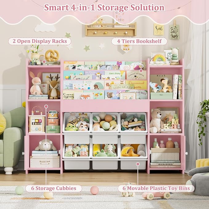 Toy Storage Organizer with 6 Toy Bins & 4 Tier Kids Bookshelf | Toy Organizer with 6 Cubbies, Kids Toy Organizers and Toy Storage with Bins, Playroom Storage and Toy Chest, Pink - Image 6