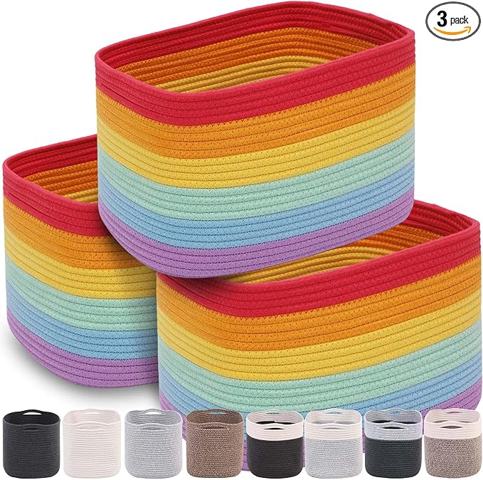 CHAT BLANC Cotton Rope Baskets for Organizing, Shelves, Toys, Storage, Shoe, Bathroom, Laundry, Towel, Nursery, Home Decor, Blanket, Cloth Woven Bins Fabric (Rainbow, 15"x10"x9") by CHATBLANC