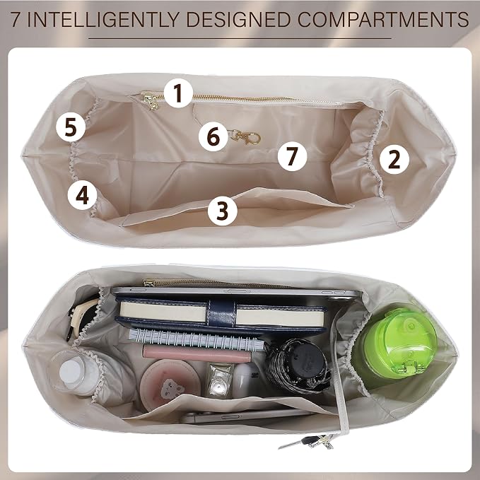 Purse Organizer Insert for Longchamp Le Pliage Large, White Beige | 6-Compartment Bag Organizer with YKK Zipper Pocket, Cup Holder, Key Chain, Waterproof DupontPaper Lightweight Handbag Shaper - Image 4