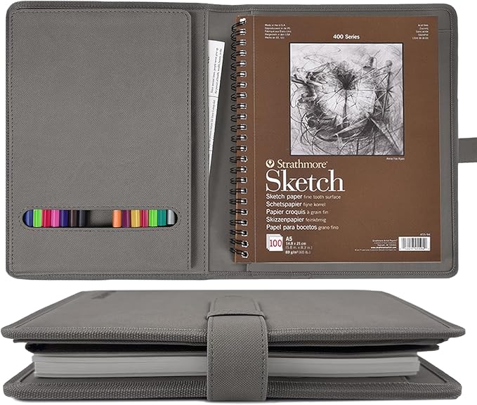 Plinyvel Gray Leather Sketchbook Cover 5.5x8.5, Travel Drawing Portfolio | Portable sketch kit organizer, pencil holder, Fits 5.5x8.5 Sketch Book, Spiral Pad, Compact artist storage case by Plinyvel