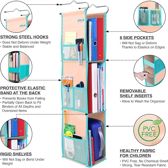 ABRA® 3 Shelf Hanging Locker Organizer for School, Gym, Work, Storage | Deep Shelves 6”x 9”| Eco-Friendly Fabric Healthy for Children | Adjustable School Locker Shelf 3 to 2 Shelves (Peach/Turquoise) - Image 4