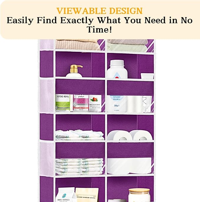 Over The Door Organizer 5 Tiers, Extra Large Behind Door Storage of 10 Compartments, 80 lbs Weight Capacity Hanging Storage Organizer with Clear Window Kids Toys,Shoes,Diapers,Room Storage,Purple - Image 6