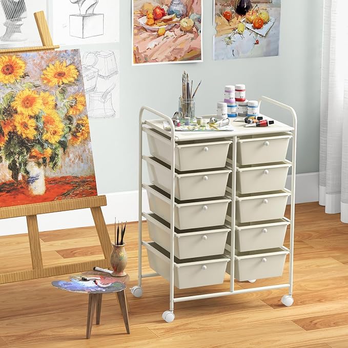RELAX4LIFE 10 Drawer Storage Cart - Ivory Metal Frame Rolling Art Cart Organizer with Lockable Wheels, Utility Cart for Crafting Storage, Office, Home, School - Image 9