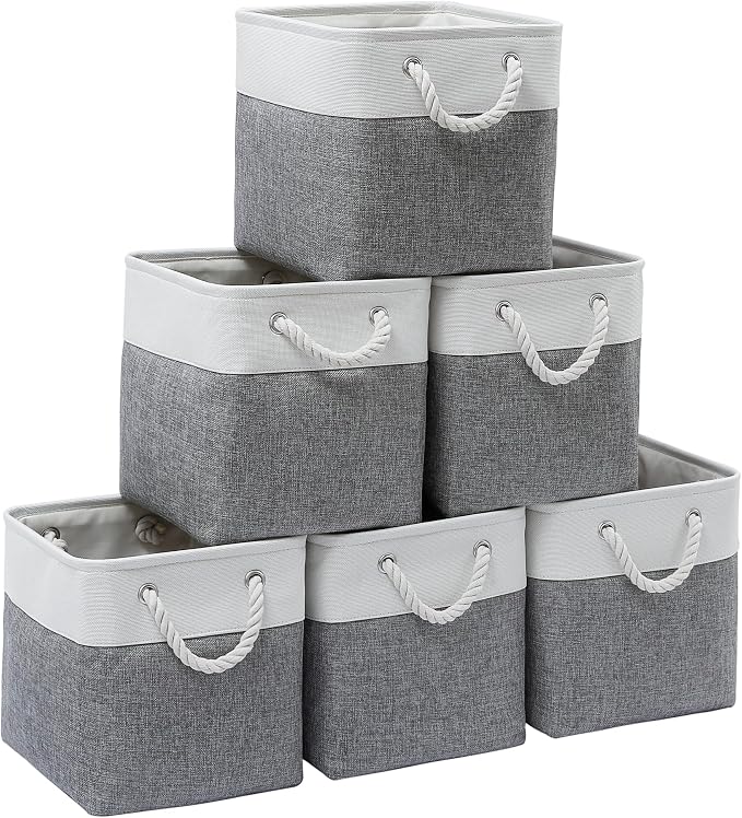 11 Inch 6 Pack Cube Storage Bins with Handles | Foldable Storage Basket,Fabric Storage Basket,Storage cube baskets suitable for the Home and Office(White&Gray) by ISEMINGLA
