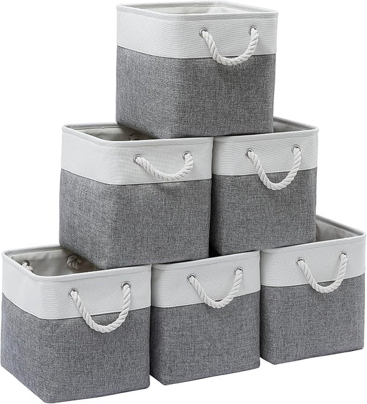 11 Inch 6 Pack Cube Storage Bins with Handles | Foldable Storage Basket,Fabric Storage Basket,Storage cube baskets suitable for the Home and Office(White&Gray) by ISEMINGLA