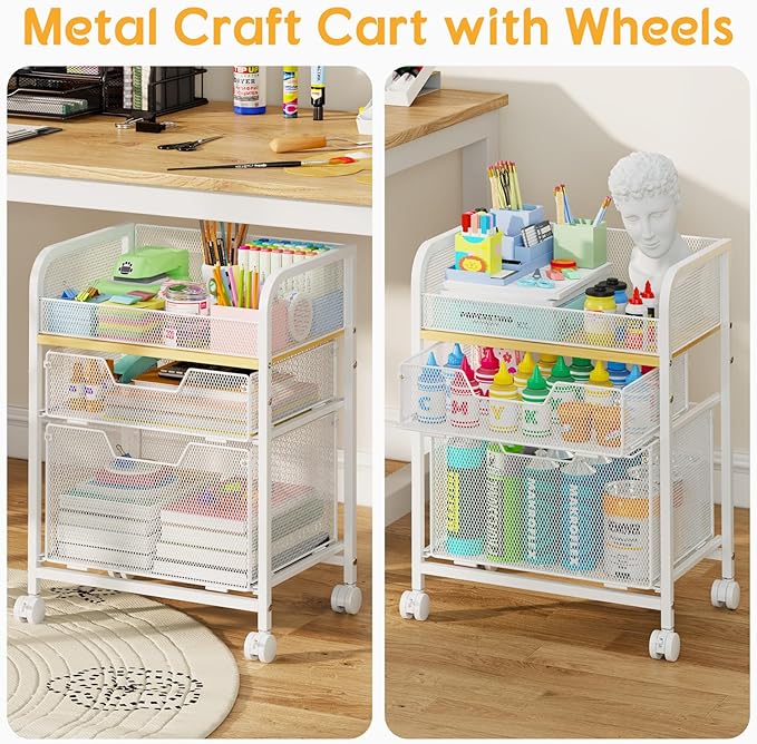 Yociyoga 3 Tier Rolling Cart with Drawers,Pantry Storage Cart with Wheels,Under Desk Storage Cart for Small Space,Pantry Floor Organizers and Storage,Metal Load-Bearing Utility Craft Cart,White - Image 3