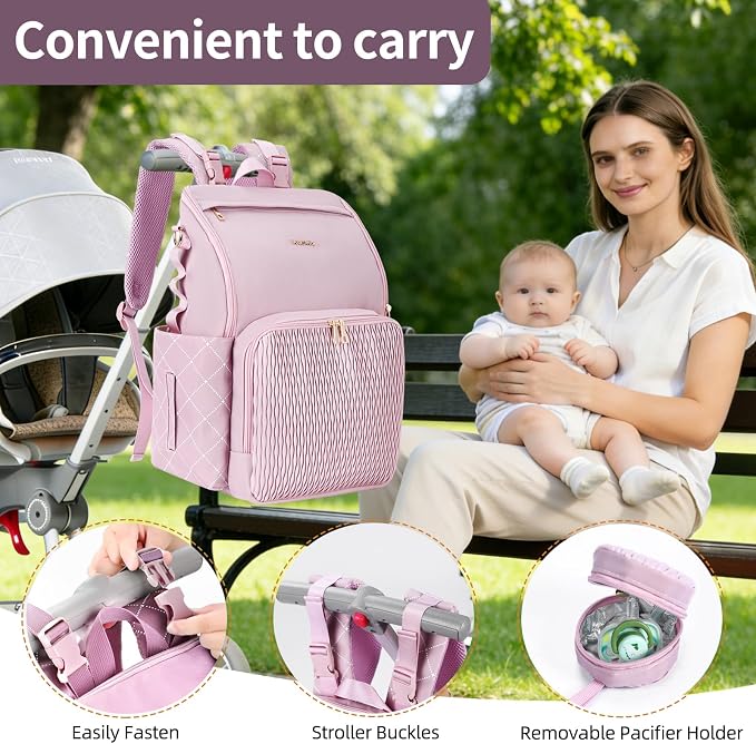 Stylish Baby Diaper Bag, Baby Bag with Changing Pad, Pacifier Case& Stroller Straps, Large Diaper Backpack Boy Girl, Water Resistant Travel Diaper Backpack（Lavender） - Image 3