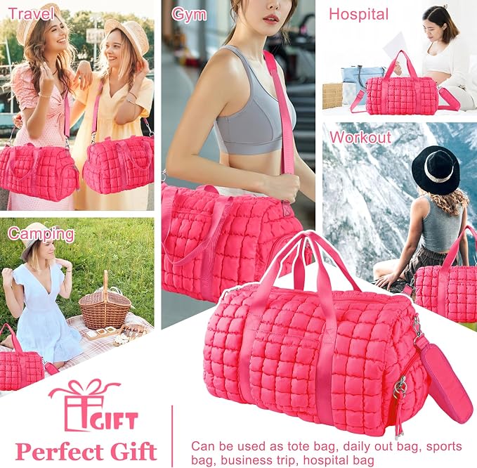Quilted Travel Duffle Bag Gym Bag for Women,Large Puffer Duffle Weekender Bag with Compartment,Workout Overnight Carry on Organizer Bag Duffle Bag for Airplane Travel(L-Rosered) - Image 5