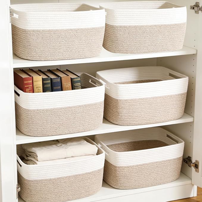 6 Pack Woven Rope Baskets, 12.6"×9"×7.8" Storage Bins, White&Brown | Storage Boxes for Toys, Books, Towels, Clothes, Shelf Baskets Organizer,Empty Gift Baskets for Living Room, Bathroom, Bedroom - Image 3