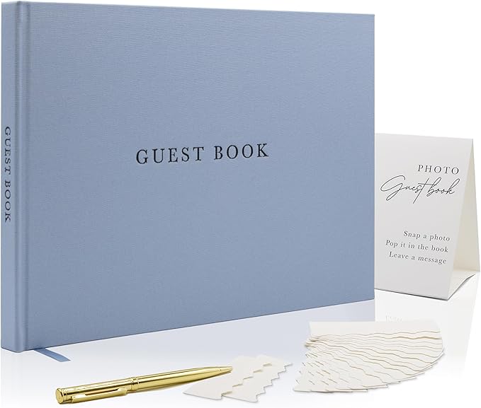 Real Linen Guest Book Set - 11.5 x 8.5 Embossed Guestbook for Weddings, Showers, Events, Blank & Lined, Comes with Sign, Pen, Box and Photo Sleeves, 120 Pages (Light Blue) by ModernAlbumDesigns