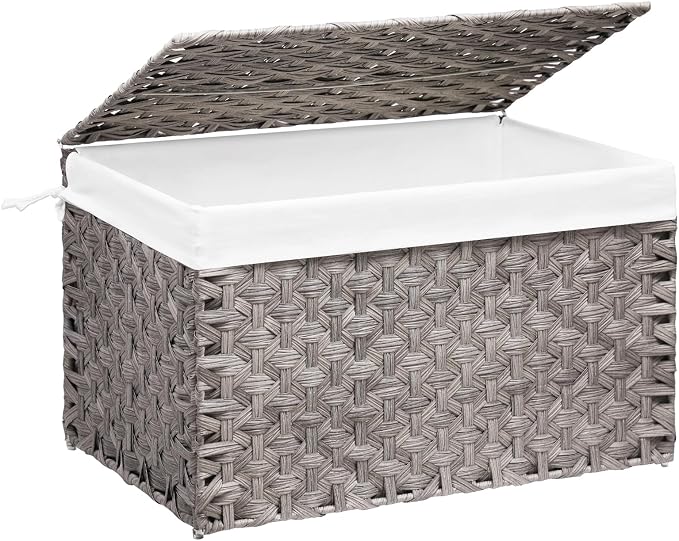 Wicker Storage Basket with Lid, 42.3 Gallon (160L) Large Blanket Basket with Lid, Woven Storage Bin with Handles, Removable Liner, Metal Frame, Foldable, for Bedroom, Laundry Room, Grey by MOORLITER