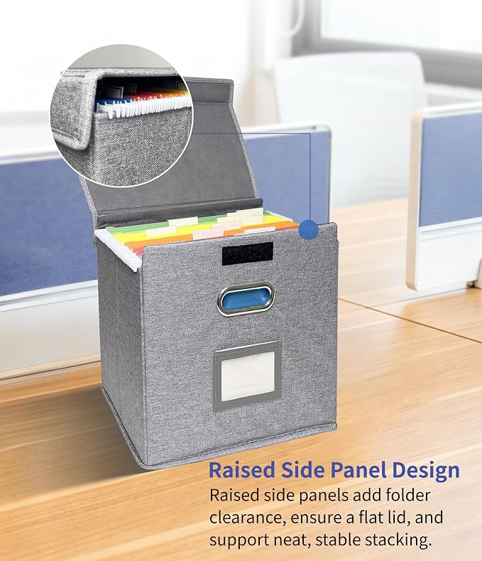 2 Pack Hanging File Folder Box with Lid, Durable Letter Size Filing Storage Box, Sturdy File Holder with Cardboard Support PVC Rails for Office Home Organizer, Gray - Image 2