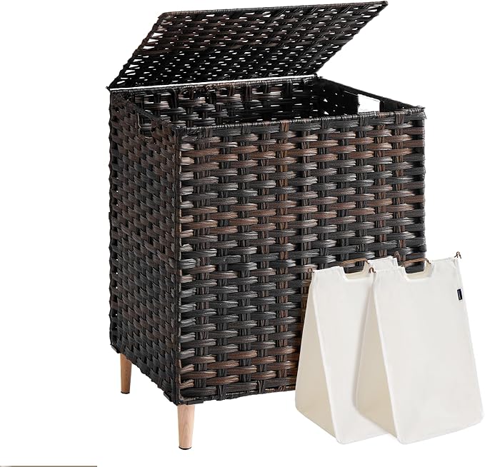 SONGMICS 2-Section Laundry Hamper with Lid, 29 Gal (110L) PE Rattan Laundry Basket with Removable Washable Liners, for Bedroom & Living Room, Chestnut Brown ULCB222ME01 by Unknown