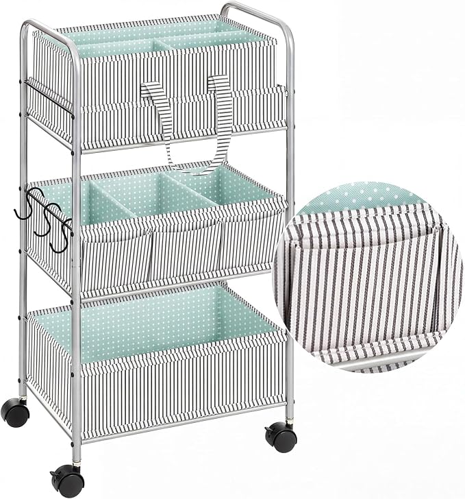 WILLBOND 2 in 1 Baby Diaper Caddy Organizer Cart, 3 Tier Large Stripe Bedside Rolling Cart Metal for Baby Essential with Divider for Newborn Registry Must Have Nursery Bedroom Mother Gift(Green) by Willbond+Technology+Limited