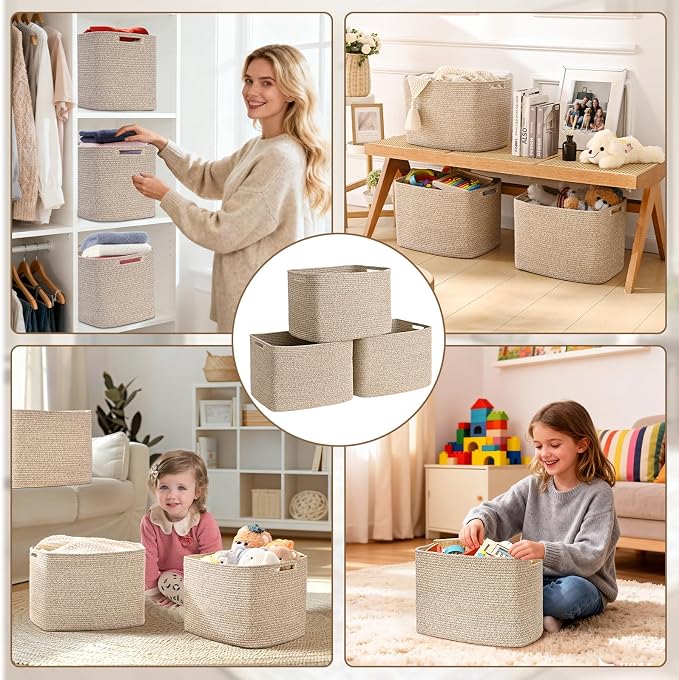 3 Pack Cube Storage Bin, 17”x12”x12” Cotton Rope Woven Baskets for Organizing Toys Clothes Towels, Square Gift Storage Baskets for Shelves, Nursery, Closet, Bathroom, Pantry (Jute) - Image 8