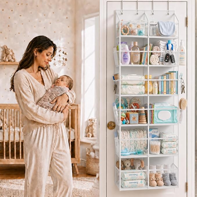 Over the Door Organizer, 6-Tier XL, 100D Fabric, Transparent | Extra wide over the door organizer, 65 lb capacity, 12 side mesh pockets, heavy-duty 100D fabric, bedroom & nursery storage - Image 2