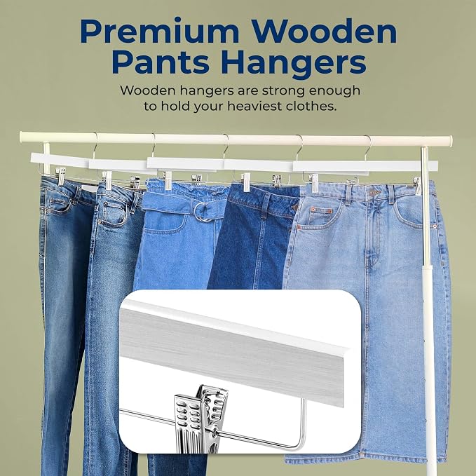 SereneLife Premium Wooden Pants Hangers 20 Pack, Solid 14" Wood Skirt Hangers with 2-Adjustable Clips, Heavy Duty & Anti Slip Wood Bottom Hanger for Slacks, Jeans, Trousers, Shorts (White) - Image 3