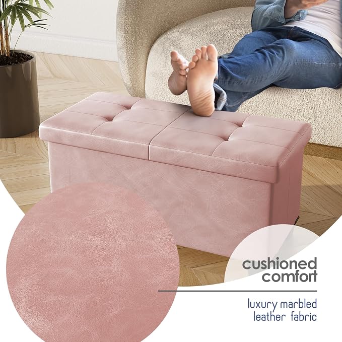 Storage Ottoman Bench with Bins, 30-in Storage Bench for Bedroom End of Bed, Folding Foot Rest Ottoman for Living Room Max 660lbs, Leather Ottomans, Pink - Image 7