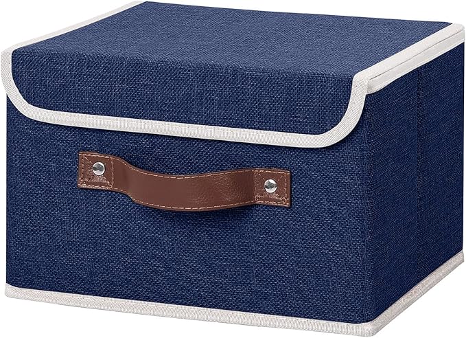 ANMINY Fabric Storage Box Bins with Lids, Blue, 10"x8"x7" | Keepsake Memory Storage, Cotton Linen, PP Board Reinforced, Washable, PU Handles, Foldable & Stackable, Decorative, Small by ANMINY