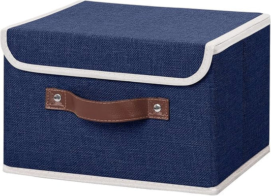 ANMINY Fabric Storage Box Bins with Lids, Blue, 10"x8"x7" | Keepsake Memory Storage, Cotton Linen, PP Board Reinforced, Washable, PU Handles, Foldable & Stackable, Decorative, Small by ANMINY