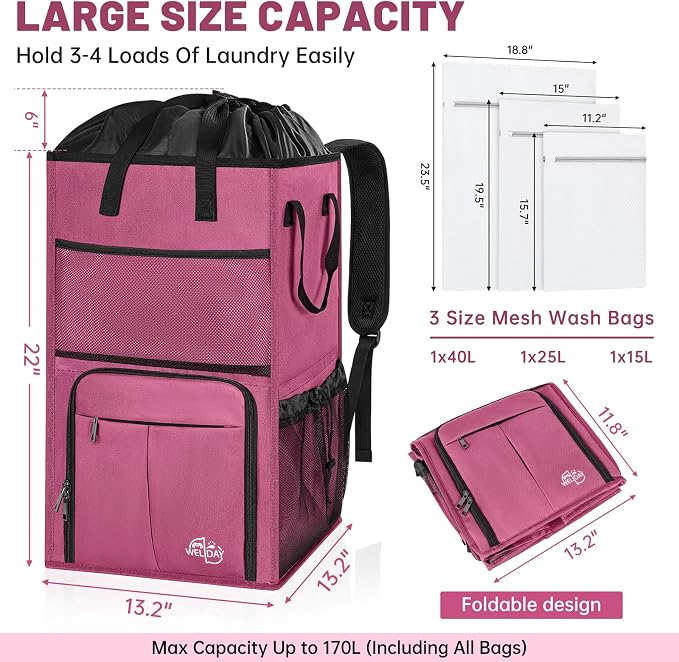 Large Laundry Backpack Bag with 3 Sizes Mesh Wash Bags Total 170L | 2 in 1 Laundry Hamper Basket with Shoulder Straps, Freestanding Laundry Bag for College Dorm, Laundromat, Apartment - Image 2