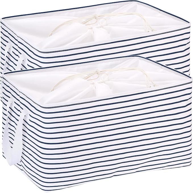 Hinwo 102L XXL Canvas Storage Bin with Lid and Handles, 2-Pack | Collapsible Fabric Baskets, Closet Shelf Organizers, Containers for Clothing, Blankets, Toys, Bedding (Navy Stripe) by Hinwo