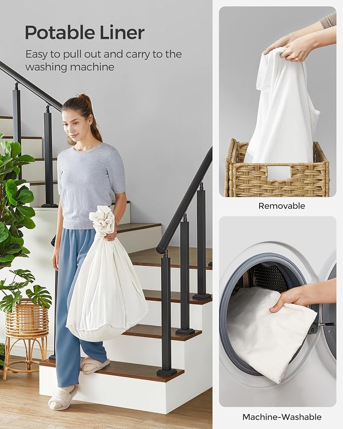 SONGMICS Rolling Laundry Hamper with Lid, 140 L 3-Section Synthetic Rattan | Laundry Basket with Wheels, Removable Liner, 26 x 13 x 26 Inches, Natural, ELIOTT Collection ULCB363N01 - Image 6