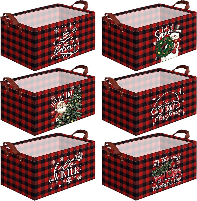 CHENGU 6 Pack Christmas Storage Basket Collapsible Christmas Basket for Gifts Buffalo Plaid Holiday Decor Large Snowman Bin Foldable Xmas Tree Box with Handle for Bedroom Office Home by CHENGU