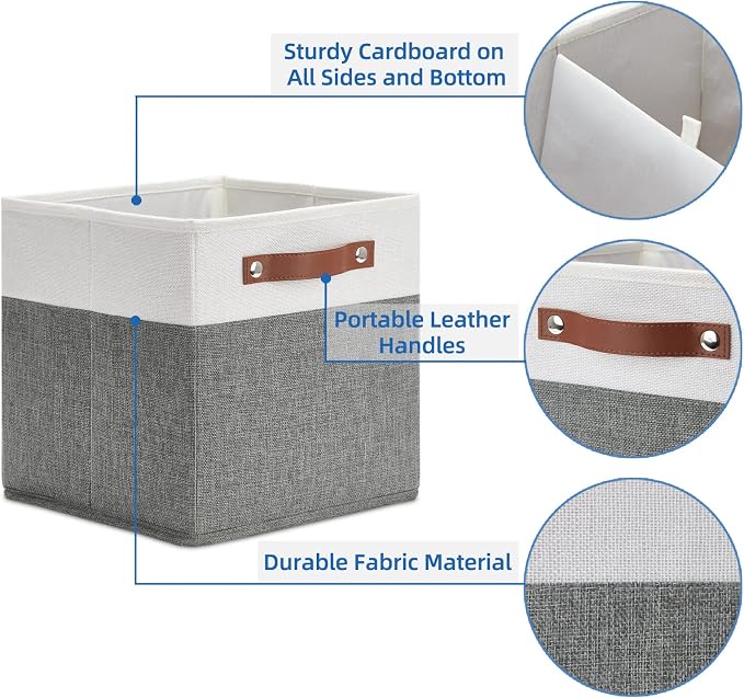 Temary Cube Storage Bins 4 Pack Storage Cubes 11?11 Fabric Storage Bins Foldable Cube Storage Baskets with Handles, Collapsible Storage Basket for Shelf (White & Grey, 11 x 11 x 11) - Image 3