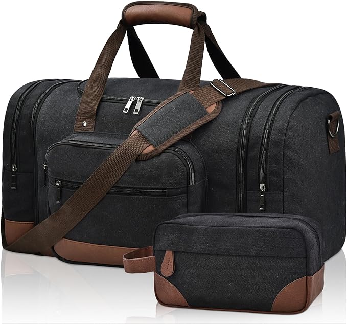 Litvyak 50L Canvas Duffle Bag for Travel Weekender Gym Overnight Carry-on | Expandable, Eco Certified, Leather Accents, Toiletry Bag Inclued, Travel Weekend Luggage Sports Duffel Bag for Women Men by Litvyak